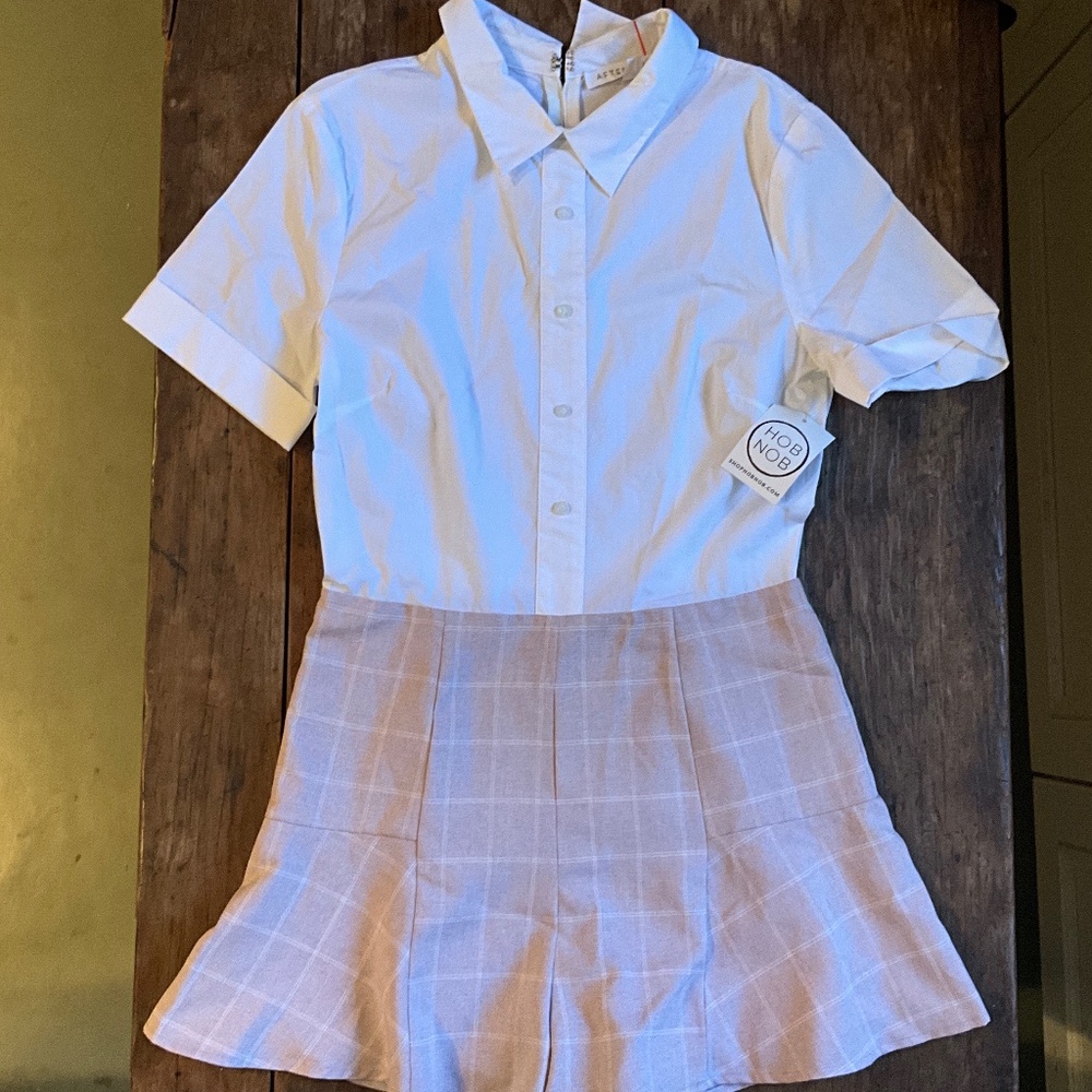 Preppy Light Academia White Shirt and Pink Plaid Style Romper Size M - Picture 1 of 1